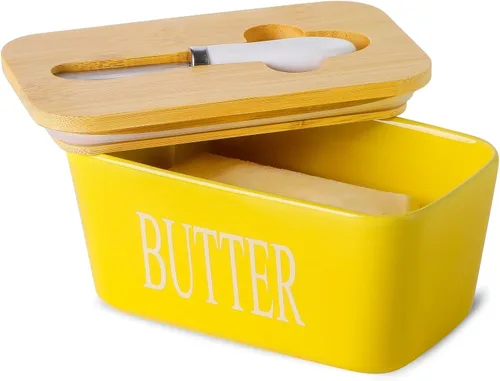 Vista 10 de Hasense Mantequillera de porcelana con tapa de bambú – Mantequera cubierta con cuchillo de mantequilla para encimera, recipiente hermético