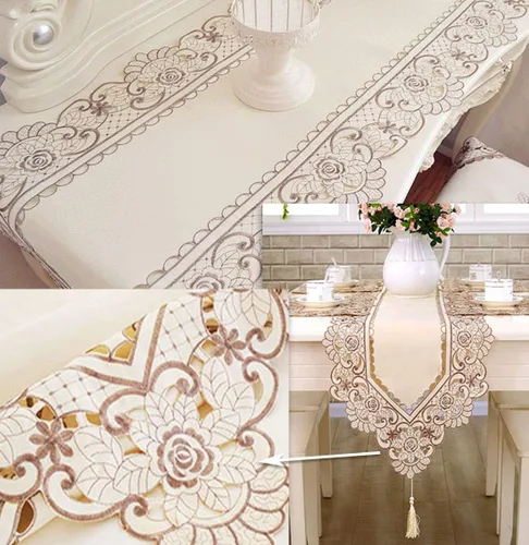 Vista 3 de LeLehome - Mantel de encaje bordado con flores color café