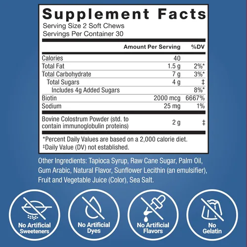 Vista 7 de Suplemento de calostro impresionante Force Factor, bayas y crema, 60 masticables suaves Bovine Colostrum with Biotin, Grass-Fed, Antibiotic-Free