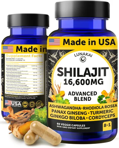 Vista 4 de Lunakai Gomitas Shilajit puras hechas en Estados Unidos de 1200 mg con Ashwagandha y Chaga - Shilajit del Himalaya para hombres y mujeres, apoyo