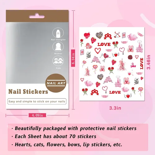Vista 2 de 24 hojas de calcomanías de uñas para el día de San Valentín, calcomanías de uñas para mujeres y niñas pequeñas, diseño de panda, colorido