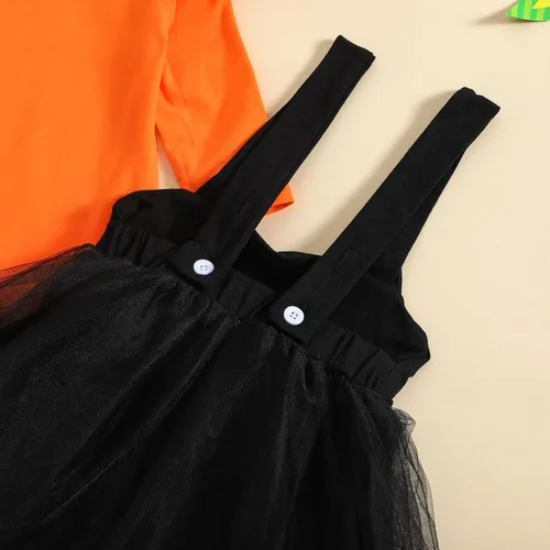 Vista 6 de Disfraz de Halloween para niñas pequeñas, body de manga larga con tirantes de tul, falda de gato, diadema, lindos trajes para recién nacidos