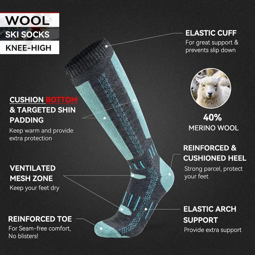 Vista 3 de Busy Socks Calcetines de esquí de lana merino para hombres y mujeres, calcetines cálidos de invierno para esquí, snowboard, deportes al aire libre