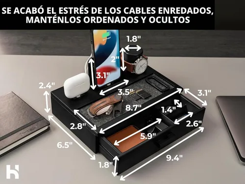 Vista 9 de Holme & Hadfield - Estación de acoplamiento de madera para teléfono con cajón y soporte para reloj
