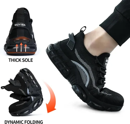 Vista 6 de BAIYIJIA Zapatos de punta de acero para hombre, zapatos de trabajo antideslizantes para construcción con amortiguación de aire, zapatos