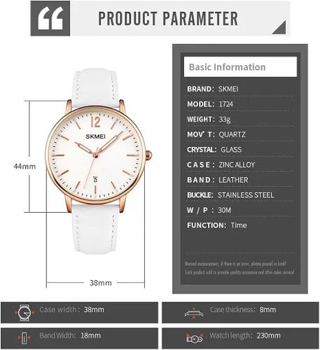 Vista 6 de SKMEI Womens Watches for Ladies Female Leather Band Big face Waterproof Thin Minimalist Fashion Casual Simple Dress Analog Quartz with Date Luminous