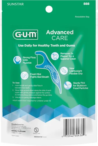 Vista 3 de GUM Advanced Care - Púas de hilo dental para adultos con vitamina E y flúor, hilo dental extra fuerte resistente a las roturas, mango de fácil