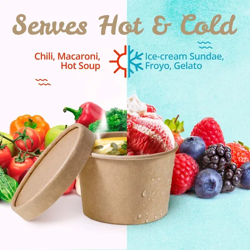 Vista 13 de MATICAN Vasos de papel para helado con tapas, paquete de 40 tazas de sopa de 9 onzas con tapas, recipientes desechables para helado, 9 onzas, marrón