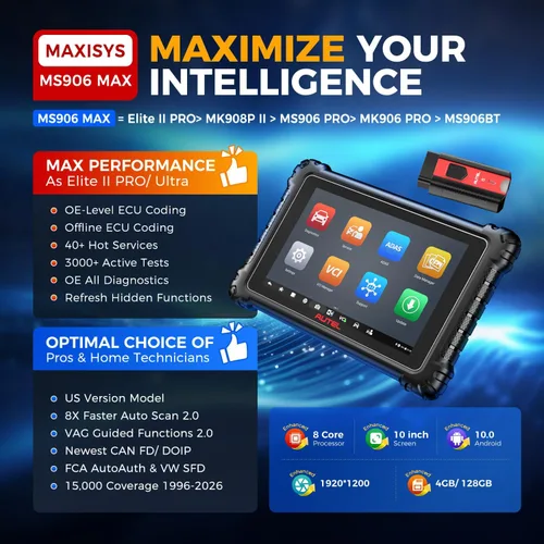 Vista 3 de Autel Scanner MaxiSYS MS906 MAX, ECU Coding 40+ Service Top Bidireccional 2026 10'' MS906MAX V2.0 of MS906 PRO MS908S MK908 II, Lite of Elite 2