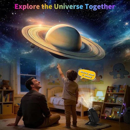 Vista 12 de FlyLily Proyector de galaxia 3D, proyector dinámico de estrellas con ruido blanco y altavoz Bluetooth, proyector de luz nocturna de 60 escenas
