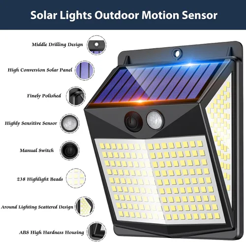 Vista 2 de Luces solares para exteriores con sensor de movimiento - Lámparas solares con detector de movimiento para exteriores, 238 LED con iluminación