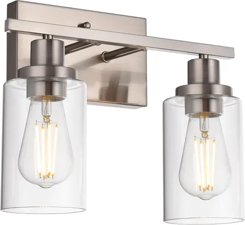 Vista 16 de MELUCEE Aplique de pared negro industrial vintage de 2 luces con pantalla de vidrio transparente y base de metal, luces de tocador de baño, apliques