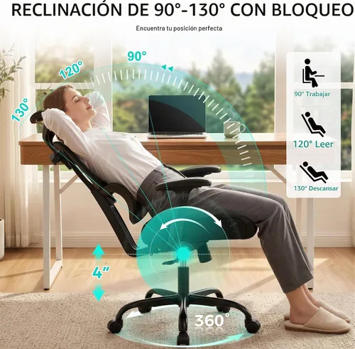 Vista 3 de Silla de Oficina Ergonómica de Respaldo Alto Silla de Escritorio con Soporte Lumbar, Silla de Computadora de Malla Transpirable con Reposabrazos