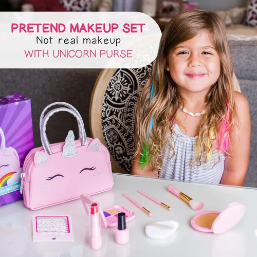 Vista 2 de Kit de maquillaje de simulación para niñas pequeñas con bolso de unicornio: juego de juguetes de maquillaje falso (no real) para niños pequeños