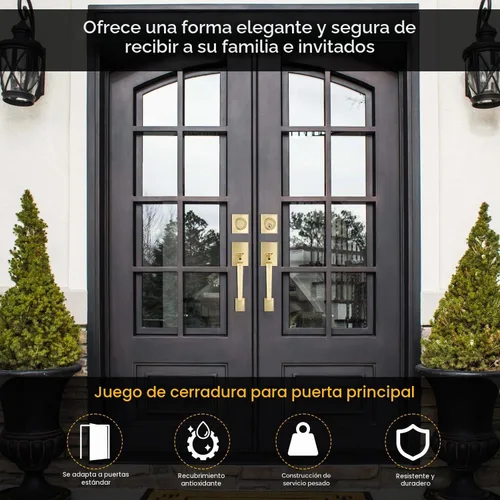 Vista 2 de EHOMEWARE - Juego de manijas de puerta delantera doble de latón, manija de puerta de latón cuadrado resistente en oro y cerradura de un solo