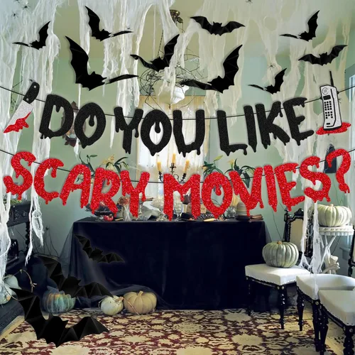 Vista 5 de Decoración de Halloween Do You Like Scary Movies Banner con adornos de murciélago en 3D, películas de terror sagradas, decoración de fiesta nocturna