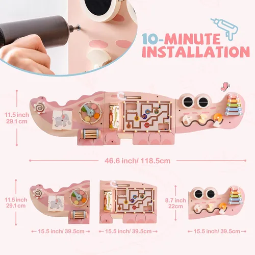 Vista 6 de ROBOTIME Tablero Ocupado de Cocodrilo Paneles de Pared para Niños Pequeños, Tablero de Actividades Sensoriales Montessori Rosa, Centro