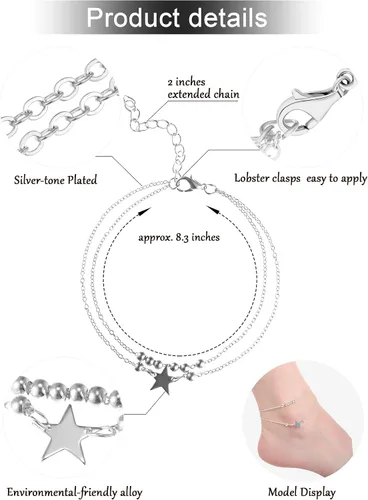 Vista 2 de Hicarer Juego de 16 pulseras de tobillo para mujeres y niñas, juego de tobilleras plateadas y doradas para niñas, tobilleras de playa bohemias