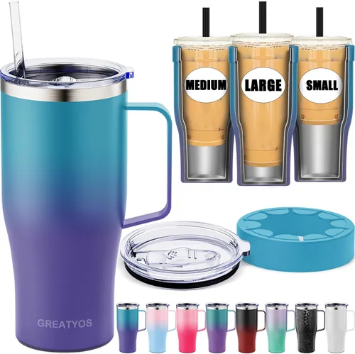 Vista 10 de Funda universal para café helado con asa - Soporte aislante de acero inoxidable reutilizable de doble pared para bebidas frías que se adapta a tazas