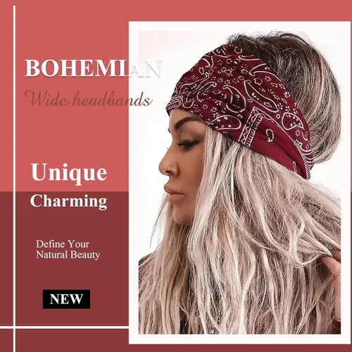Vista 3 de AKTVSHOW Diademas tipo bandana de 7 pulgadas de ancho para mujer, diademas turbantes de cachemira de moda para cabello grueso, antideslizantes