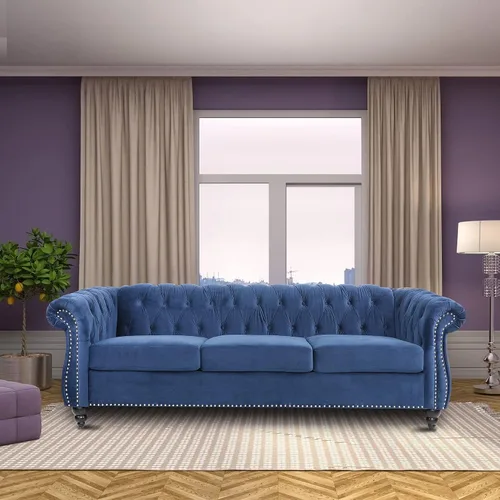 Vista 8 de Sofá Chesterfield, Sofá Moderno de Terciopelo Capitonado de 3 Plazas con Brazos Enrollados y Tachuelas para Sala de Estar, Dormitorio, Oficina, Azul