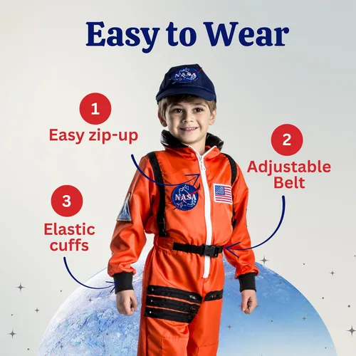 Vista 5 de Dress Up America Kids NASA Astronaut Costume – Orange Space Suit with Cap – Realistic Halloween & Dress-Up Outfit