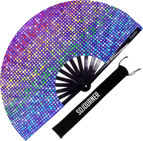 Vista 29 de SoJourner Bags Rave Fan – Abanico plegable grande – Abanico de mano Clack para raves, Halloween, Burlesque, atuendos arcoíris para mujeres