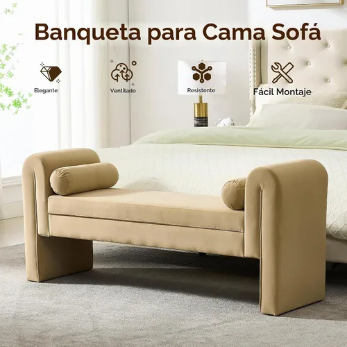 Vista 4 de Banco de terciopelo para dormitorio al pie de la cama, banco otomán tapizado con botones capitoné de 60.5 pulgadas con brazos curvos, otomán