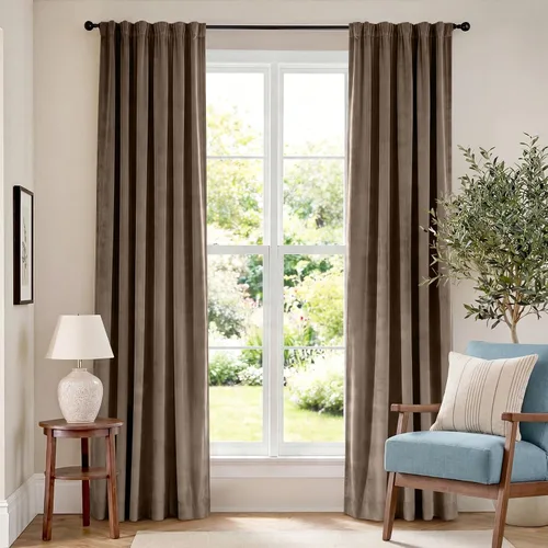 Vista 13 de Lazzzy Cortinas opacas de terciopelo beige de 84 pulgadas de largo con aislamiento térmico para oscurecer la habitación, cortinas forradas de lujo