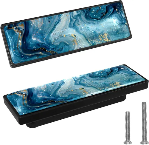 Vista 8 de LORVIES Paquete de 4 pomos decorativos de mármol de 3.6 pulgadas para gabinete, vidrio ABS largo rectangular negro, manijas de puerta de cajón