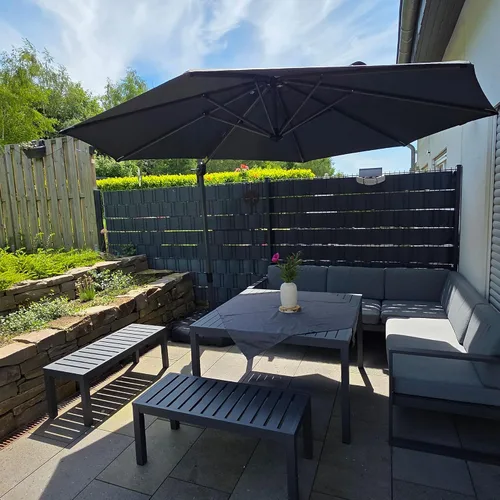 Vista 19 de PURPLE LEAF Sombrilla de patio de 8 pies para exteriores, sombrilla voladiza cuadrada de aluminio con rotación de 360 grados para jardín, terraza