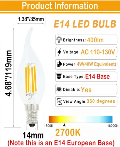Vista 3 de Bombilla LED E14 con base europea de 4 W, bombillas LED regulables equivalentes a 40 W, bombillas LED con punta de llama, 110 V 2700 K, blanco