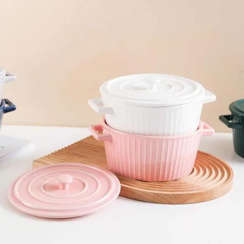Vista 3 de Cacerola con tapa, cacerola de cerámica de 1.1 cuartos de galón para horno colorido (1, rosa)