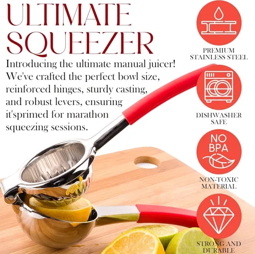 Vista 3 de Exprimidor de acero inoxidable - Prensa de jugo de cítricos de metal, prensa de jugo de fruta de lima con mango de silicona, exprimidor manual