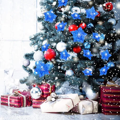 Vista 5 de Boao 24 piezas de flores de Pascua artificiales con purpurina, flores de Pascua para decoración de boda, árbol de Navidad, 3/4/6 pulgadas (azul)