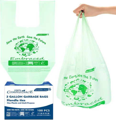 Vista 8 de BEIDOU-PAC Bolsas de basura compostables certificadas de 1.6 galones con asa, 125 bolsas de basura pequeñas de compost para cocina, bolsas de basura