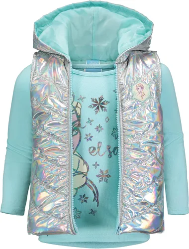 Vista 2 de Disney Frozen Princess Anna Queen Elsa - Chaleco con cremallera para niñas conjunto de camiseta y leggings de 3 piezas para niños pequeños a grandes