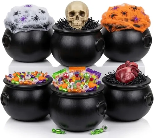 Vista 27 de PMU 2 piezas de caldero de Halloween – 10 pulgadas, 8 pulgadas, cuenco de caldero de plástico de bruja negro, para decoración de Halloween