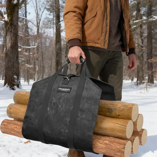 Vista 7 de Amagabeli - Bolsa de transporte de leña encerada, bolsa de transporte resistente para chimenea de leña grande con asas para camping, soporte