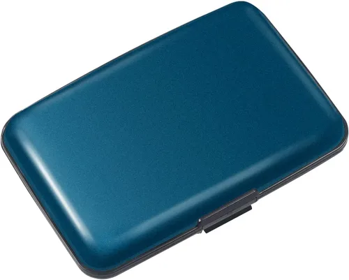 Vista 6 de Portatarjetas de crédito con bloqueo RFID, mini tarjetero delgado de aluminio duro para hombres o mujeres, Azul marino