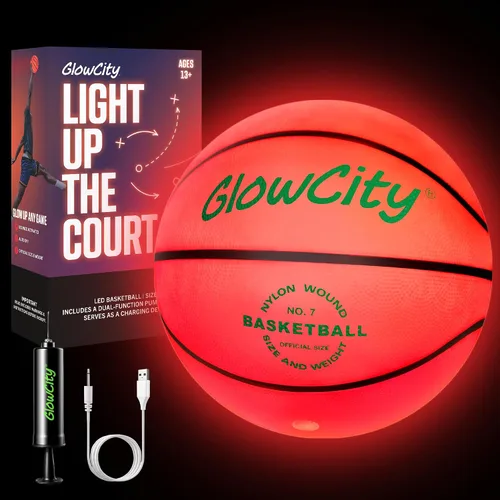 Vista 11 de GlowCity Baloncesto que brilla en la oscuridad – Tamaño 5, 6, 7 bola iluminada para niños, adolescentes y adultos – Juegos nocturnos al aire libre