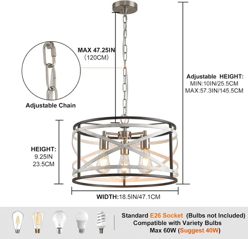 Vista 3 de Candelabros de granja para comedor, lámpara de metal de 3 luces, lámpara de araña rústica de 18.5 pulgadas, lámpara colgante para cocina, vestíbulo