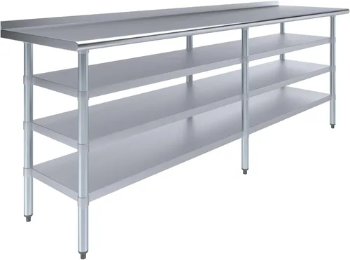 Vista 8 de Mesa de trabajo de acero inoxidable con protector contra salpicaduras de 1.5 pulgadas y 3 estantes, mesa de metal para preparación de alimentos