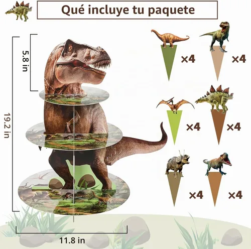 Vista 2 de ZOIIWA Soporte de cupcakes con temática de dinosaurio para decoración de fiesta de cumpleaños de dinosaurio, 24 decoraciones de cupcakes, 3 niveles