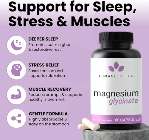 Vista 2 de Luma Nutrition Glicinato de magnesio 1000 mg – Apoya el estrés, el sueño, la salud nerviosa y muscular – Cápsulas de suplemento de magnesio puro