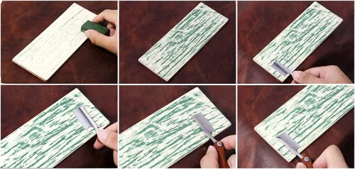Vista 3 de Trazo de cuero de doble cara de 8 x 3 pulgadas con cinta de doble cara, kit de compuesto de pulido verde y blanco para afilar cuchillos, cuchillos