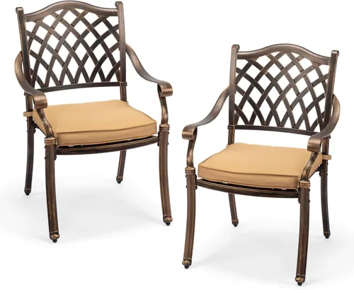 Vista 21 de VINGLI Juego de 2 sillas de patio apilables de aluminio fundido para exteriores con acabado negro vintage y patrón floral, sillones de metal
