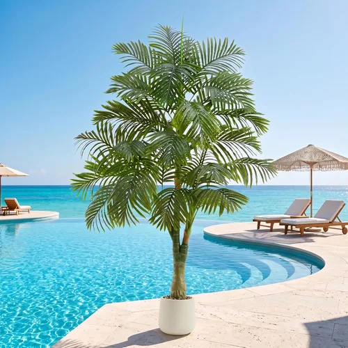 Vista 10 de Palmera artificial de caña dorada de 6 pies, plantas artificiales Planta de palma de seda sintética en maceta blanca, árboles artificiales altos