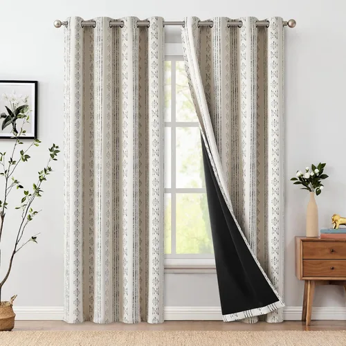Vista 30 de jinchan - Cortinas bohemias 100% blackout de 54 pulgadas de largo para dormitorio, estampado geométrico negro sobre beige, con ojales
