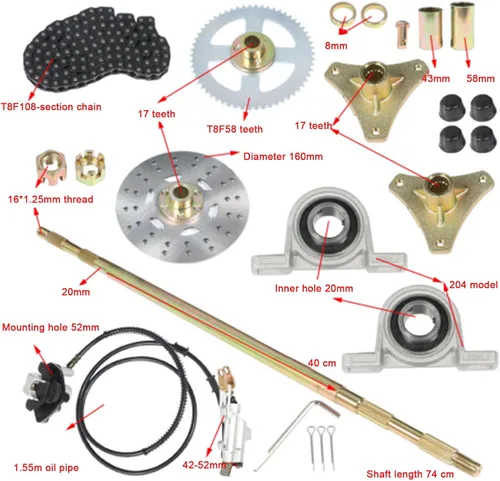 Vista 3 de Kit completo de eje trasero de 740 mm + conjunto de freno y piñón, para Go Kart, ATV, Quad, Buggy, mini bicicleta de bricolaje